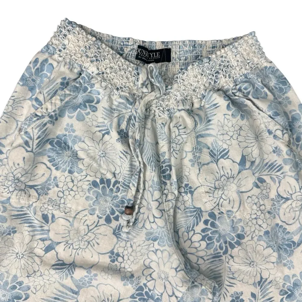 Beau Dawson Blue White Floral Linen Blend Wide Leg Tie Front Pants size L 10 12